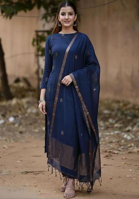 Blue Embroidered Viscose Kurta Set