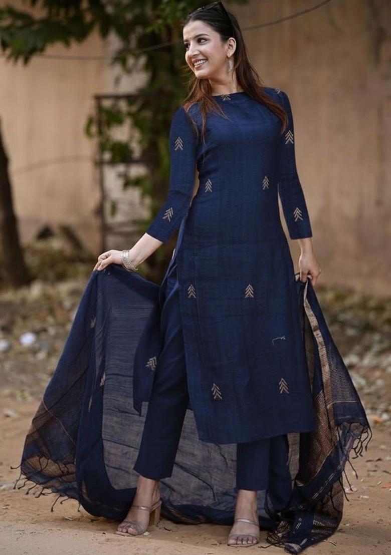 Blue Embroidered Viscose Kurta Set - Indya