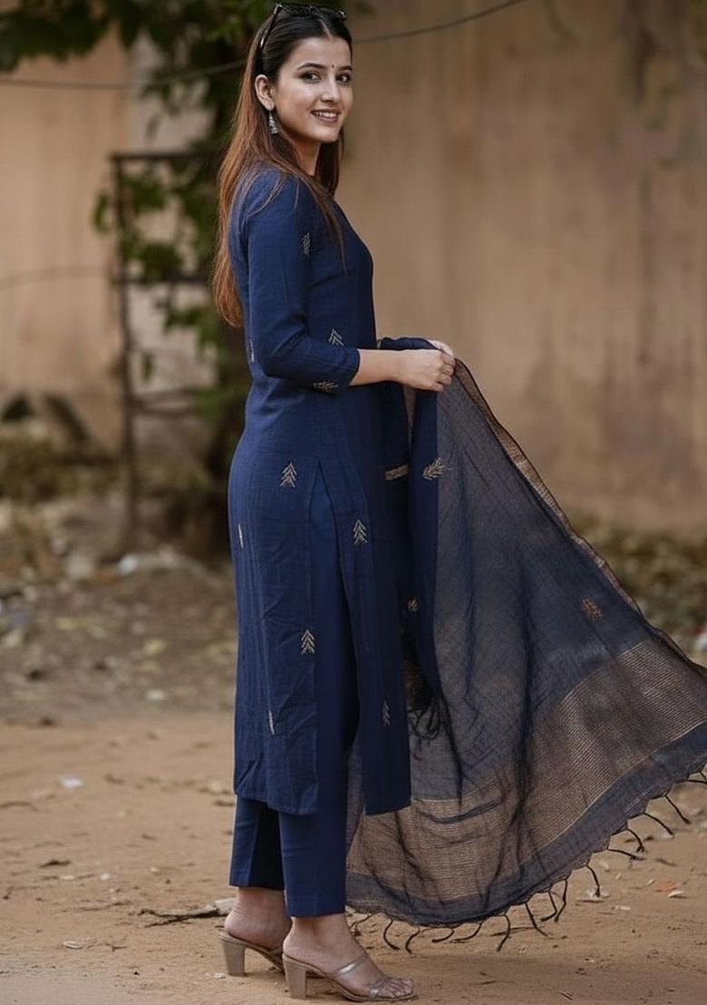 Blue Embroidered Viscose Kurta Set - Indya