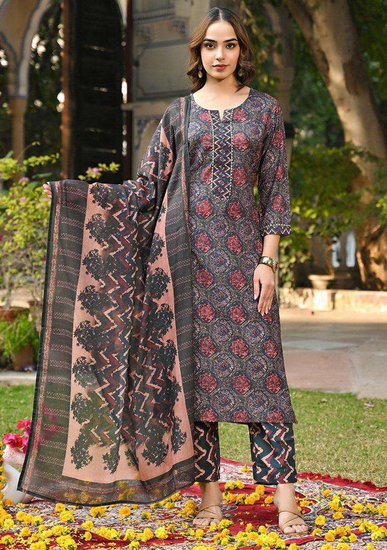 Black Printed Viscose Kurta Set - Indya
