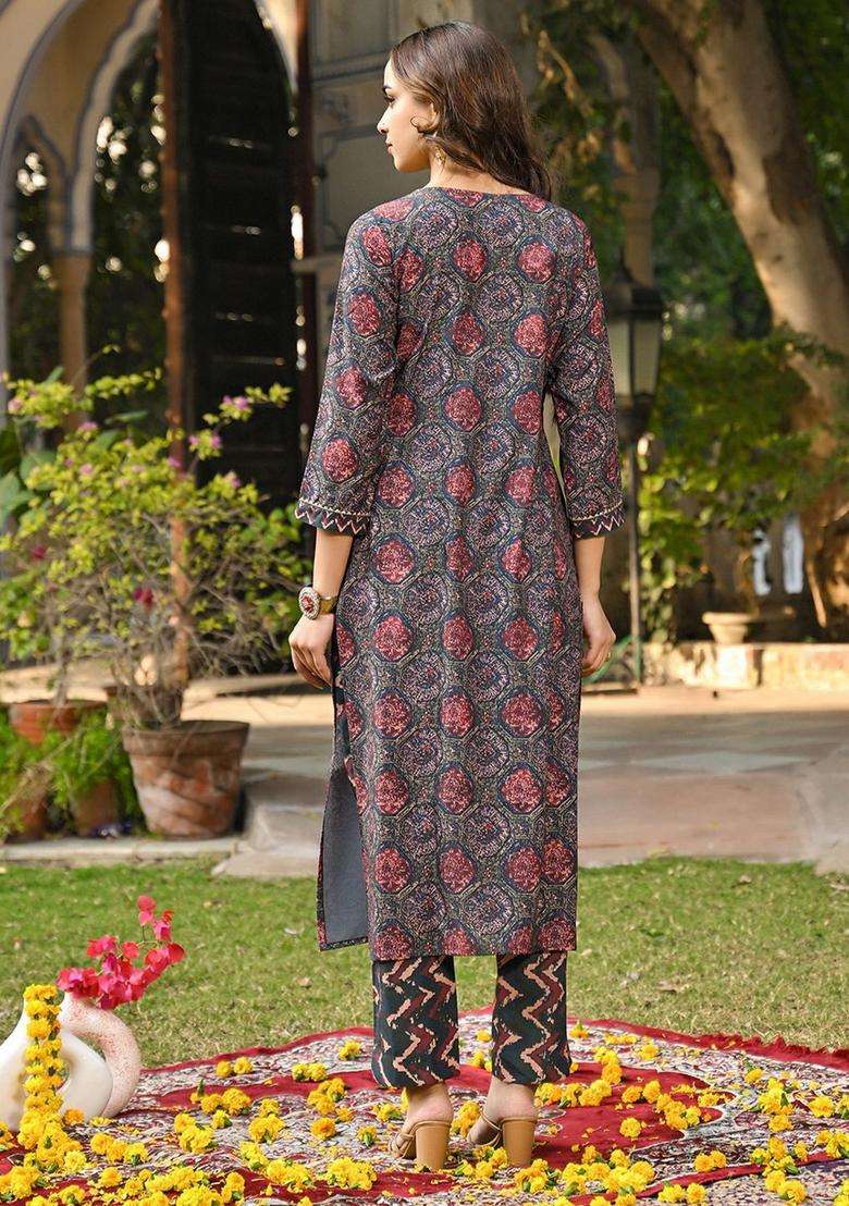 Black Printed Viscose Kurta Set - Indya