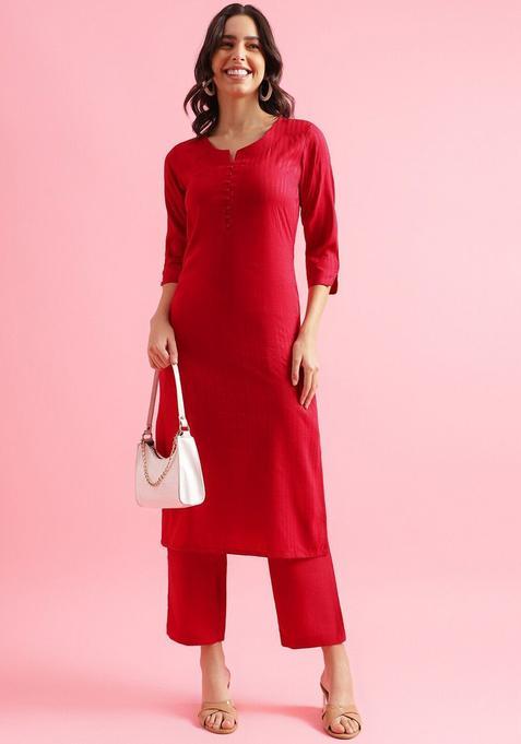 Red Striped Polyester Kurta Set — view on Indya