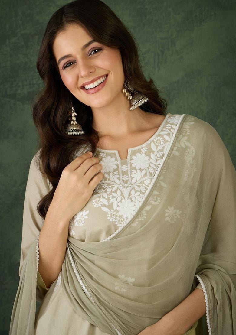 Beige Embroidered Cotton Kurta Set - Indya