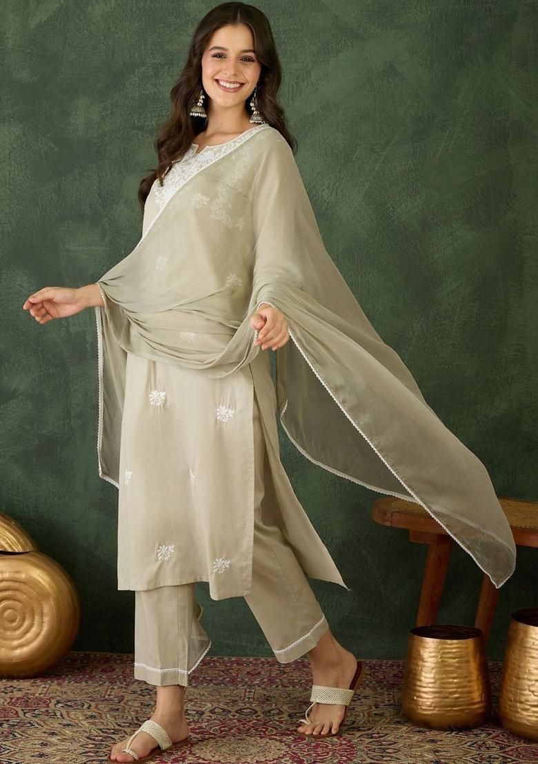 Beige Embroidered Cotton Kurta Set - Indya