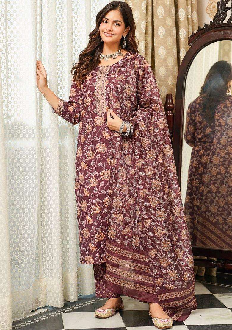 Maroon Printed Cotton Kurta Set - Indya