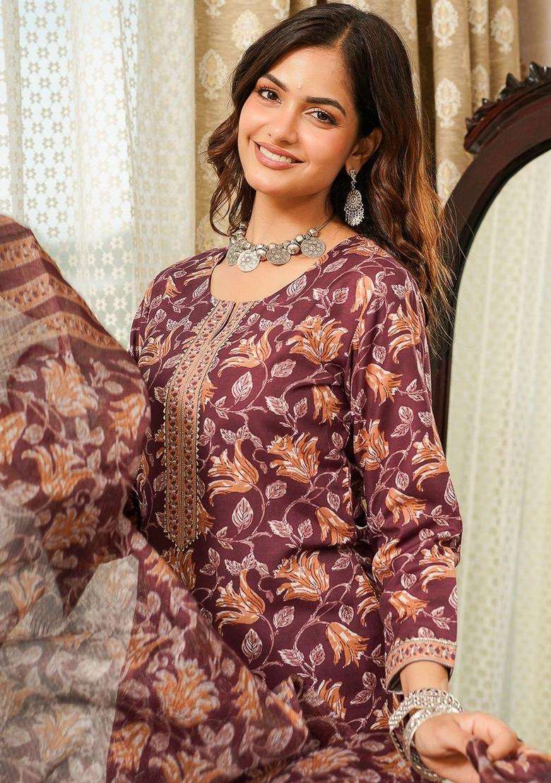 Maroon Printed Cotton Kurta Set - Indya