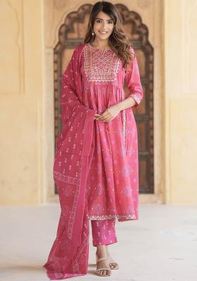 Pink Embroidered Cotton Kurta Set