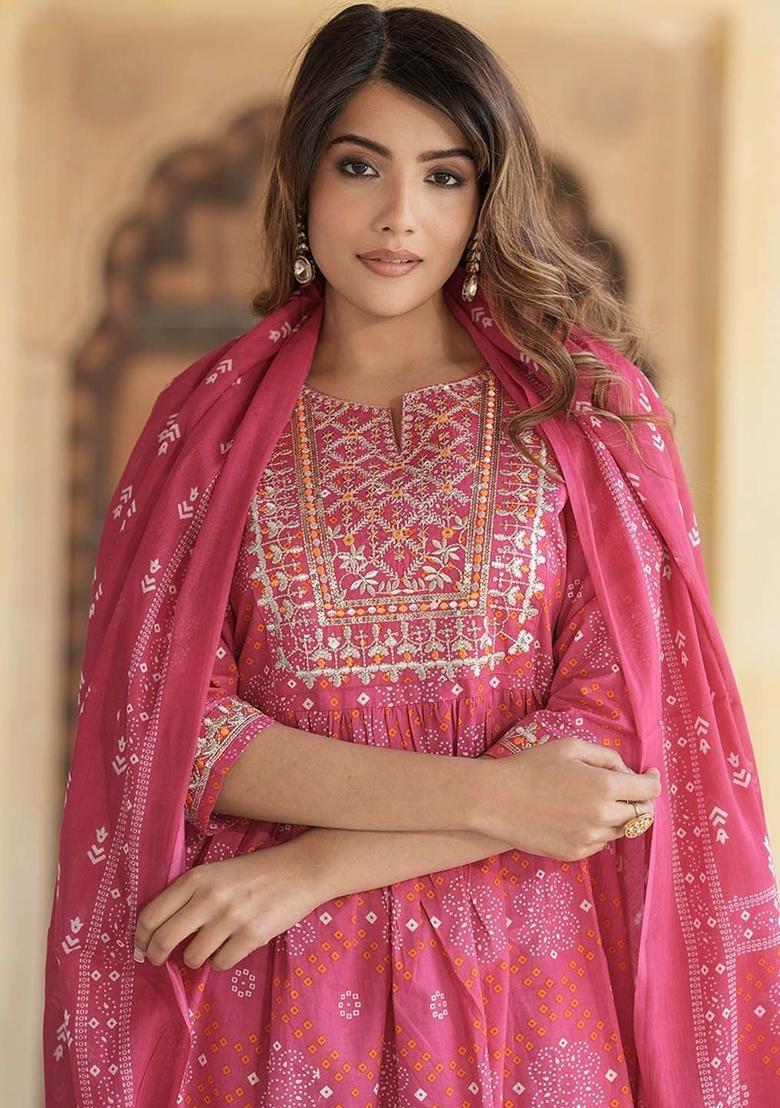 Pink Embroidered Cotton Kurta Set - Indya