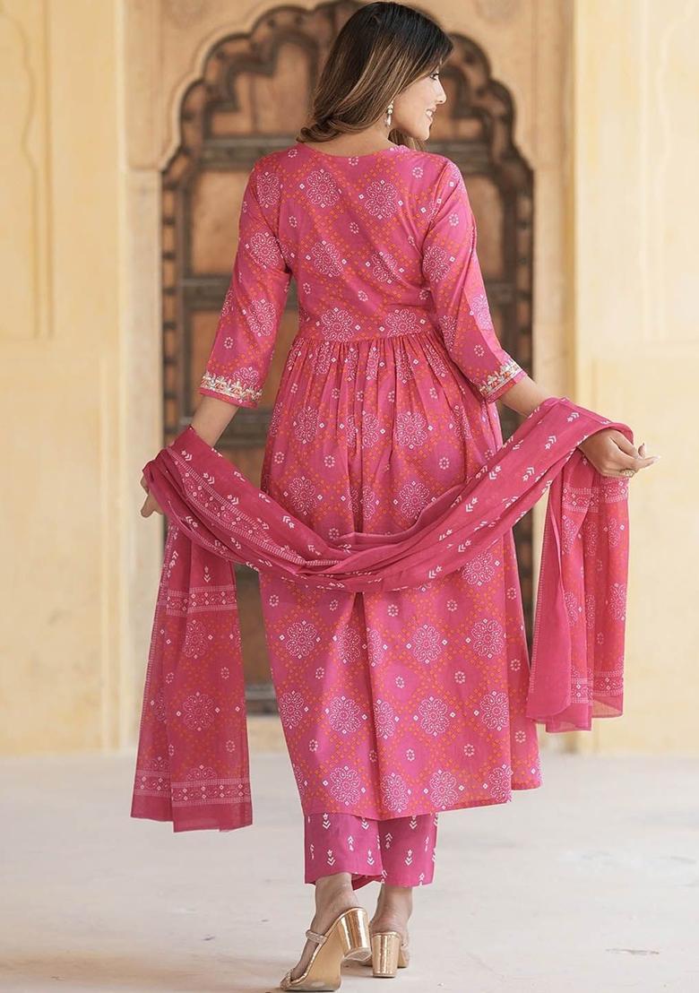 Pink Embroidered Cotton Kurta Set - Indya