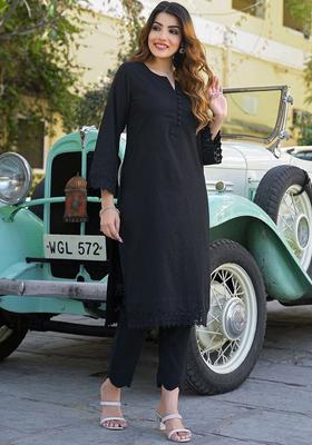 Black Solid Cotton Kurta Set