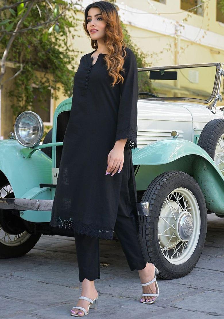 Black Solid Cotton Kurta Set - Indya