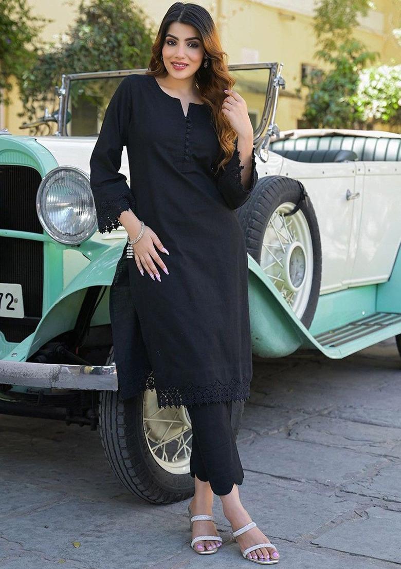 Black Solid Cotton Kurta Set - Indya