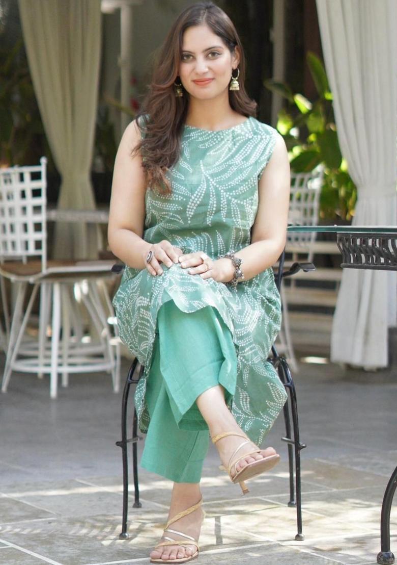 Green Printed Viscose Kurta Set - Indya