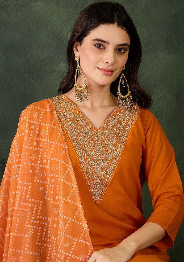 Orange Embroidered Viscose Kurta Set - Indya
