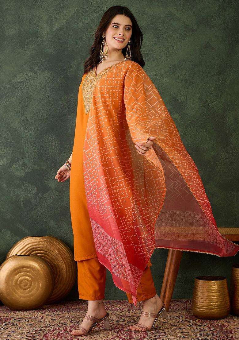 Orange Embroidered Viscose Kurta Set - Indya