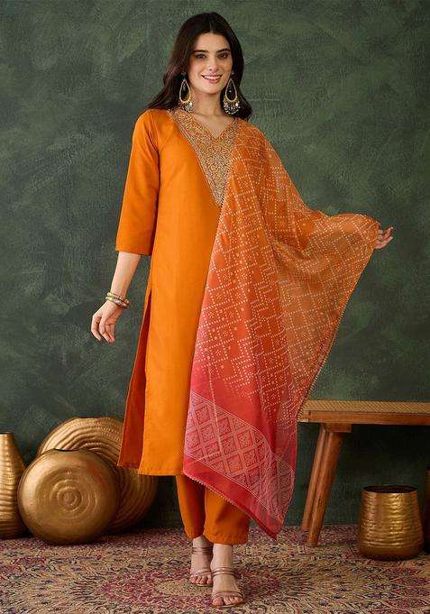 Orange Embroidered Viscose Kurta Set