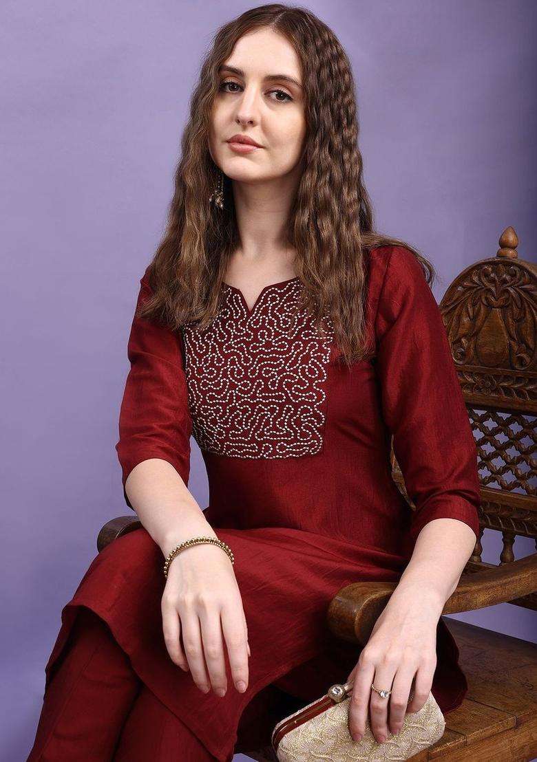 Maroon Embroidered Silk Kurta Set - Indya
