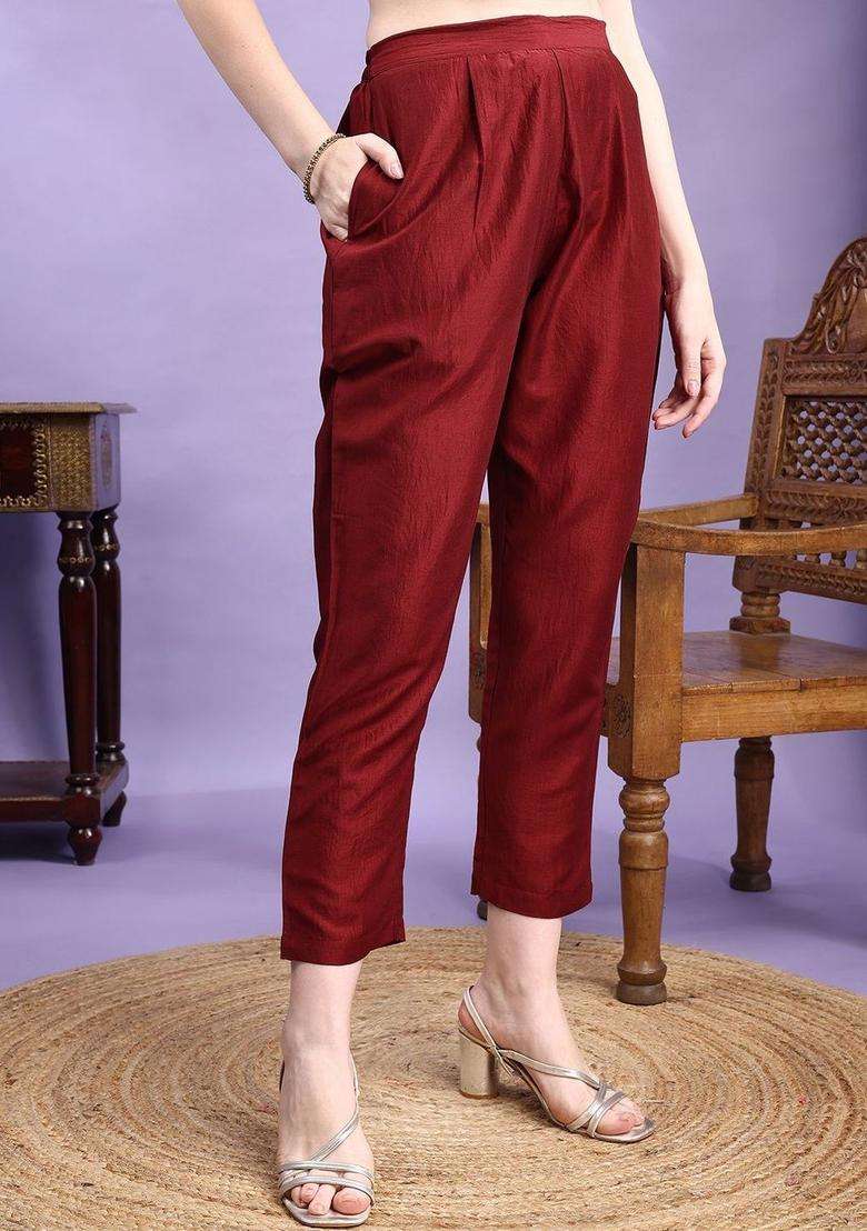 Maroon Embroidered Silk Kurta Set - Indya