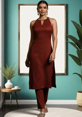 Orange Self Design Silk Blend Kurta Set