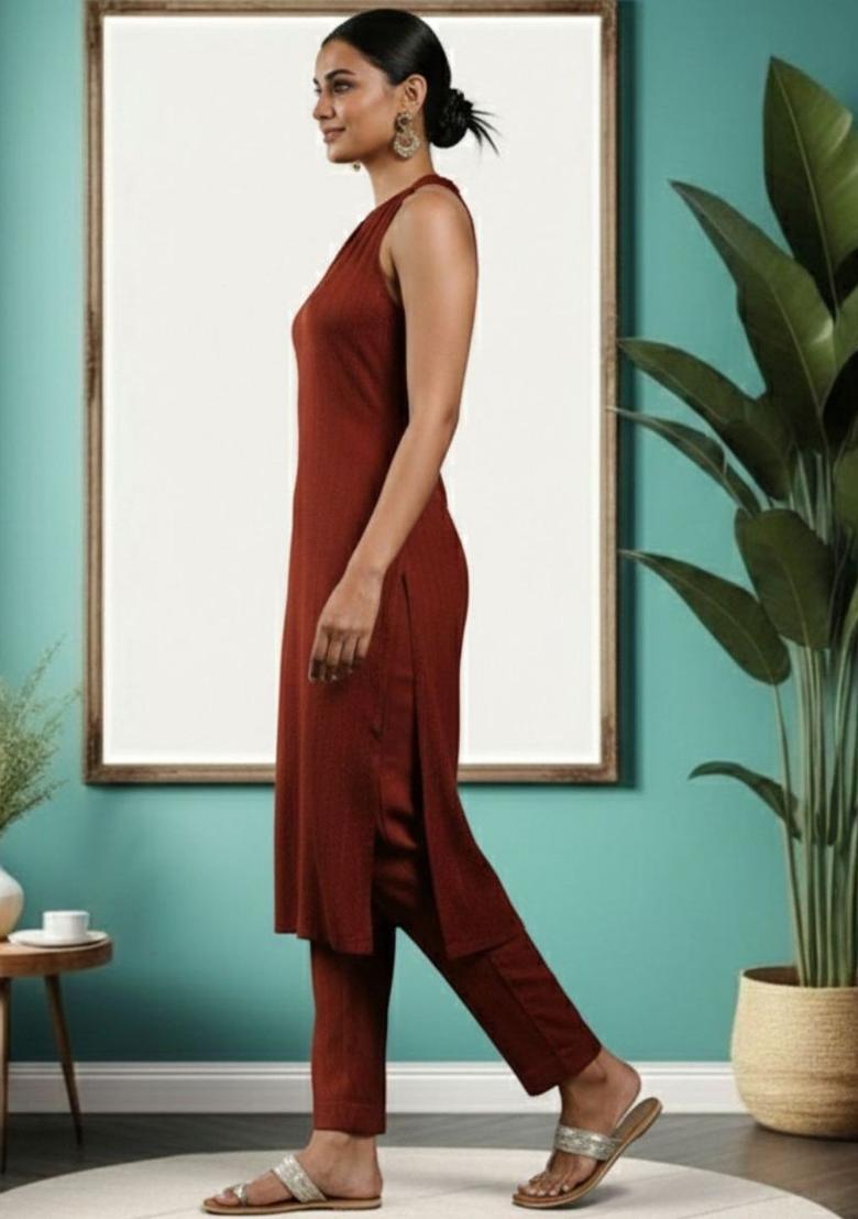 Orange Self Design Silk Kurta Set - Indya