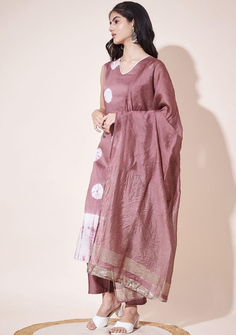 Gold Dyed Silk Kurta Set - Indya
