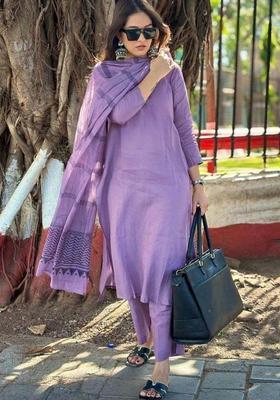 Purple Solid Silk Blend Kurta Set