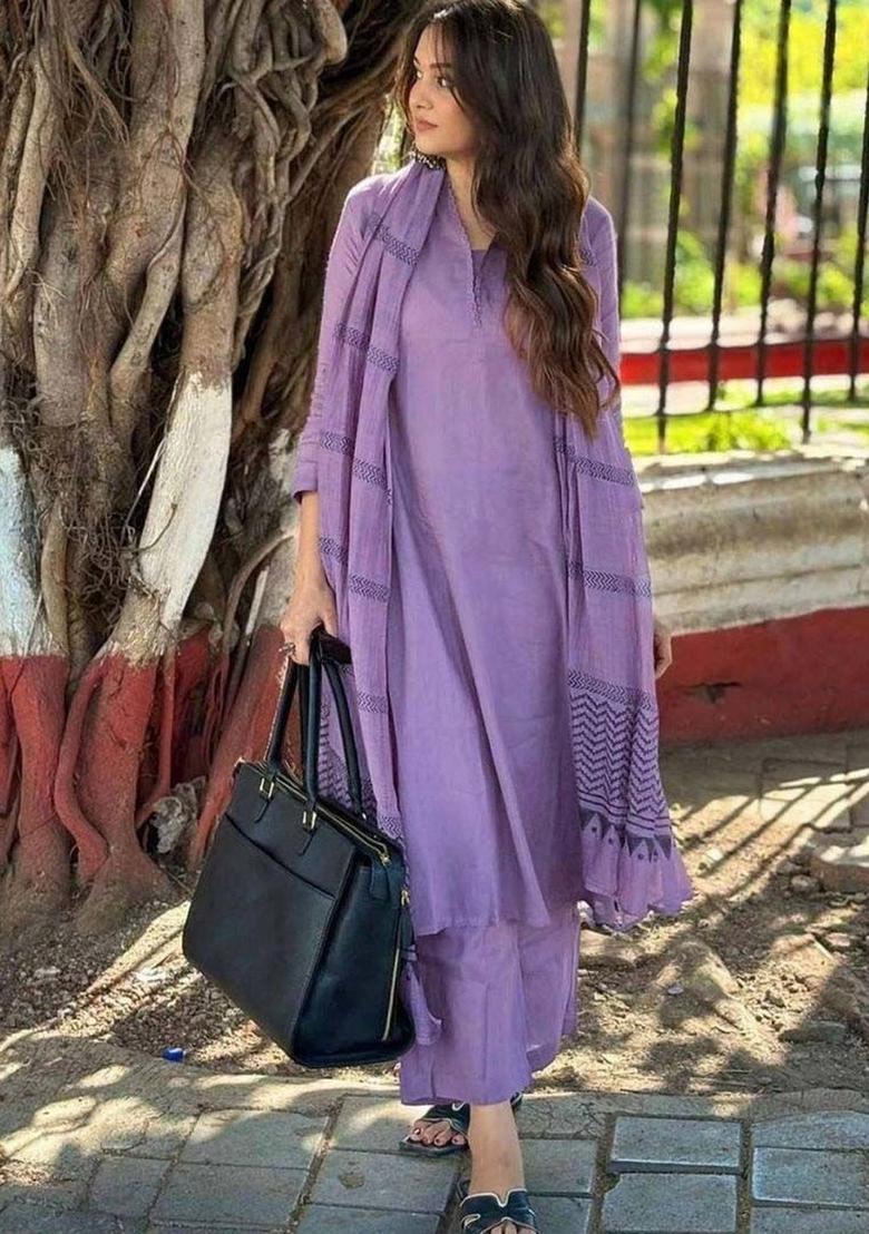 Purple Solid Silk Kurta Set - Indya