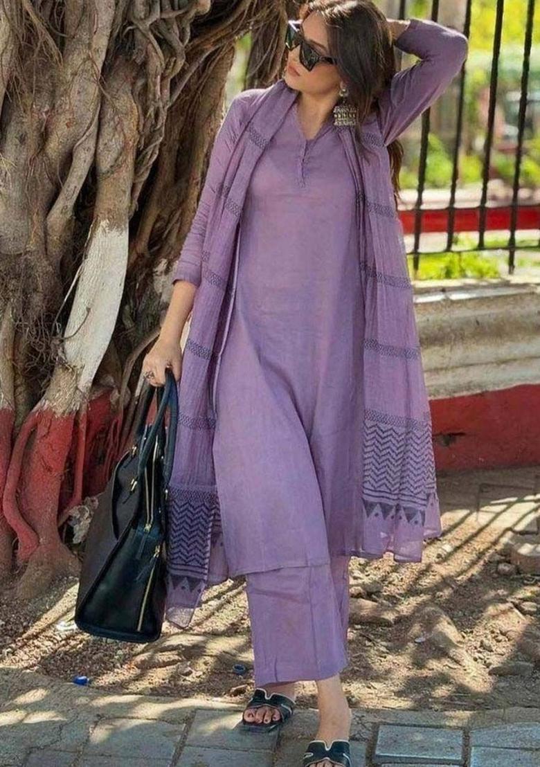 Purple Solid Silk Kurta Set - Indya