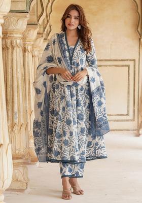 Blue Printed Cotton Kurta Set
