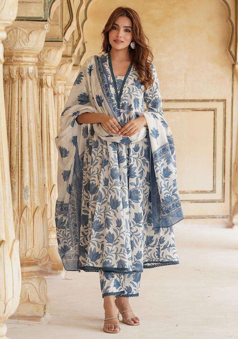 Blue Printed Cotton Kurta Set - Indya