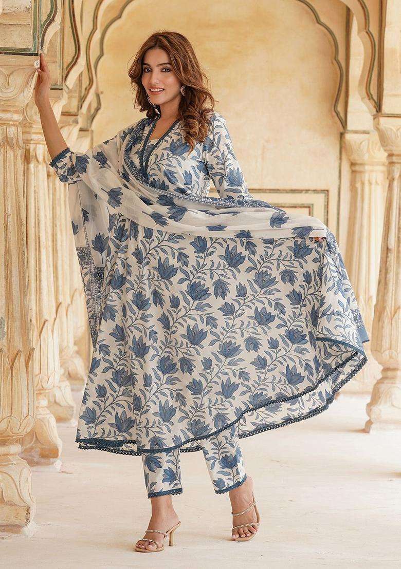 Blue Printed Cotton Kurta Set - Indya