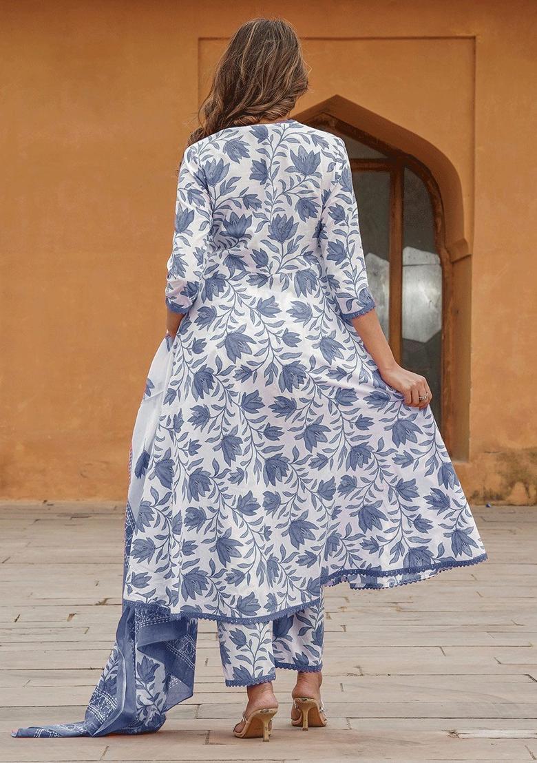 Blue Printed Cotton Kurta Set - Indya
