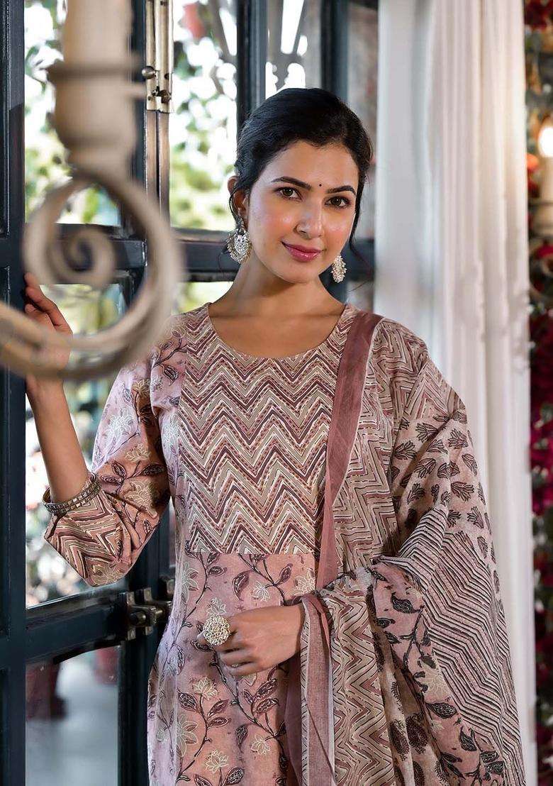 Peach Printed Cotton Kurta Set - Indya