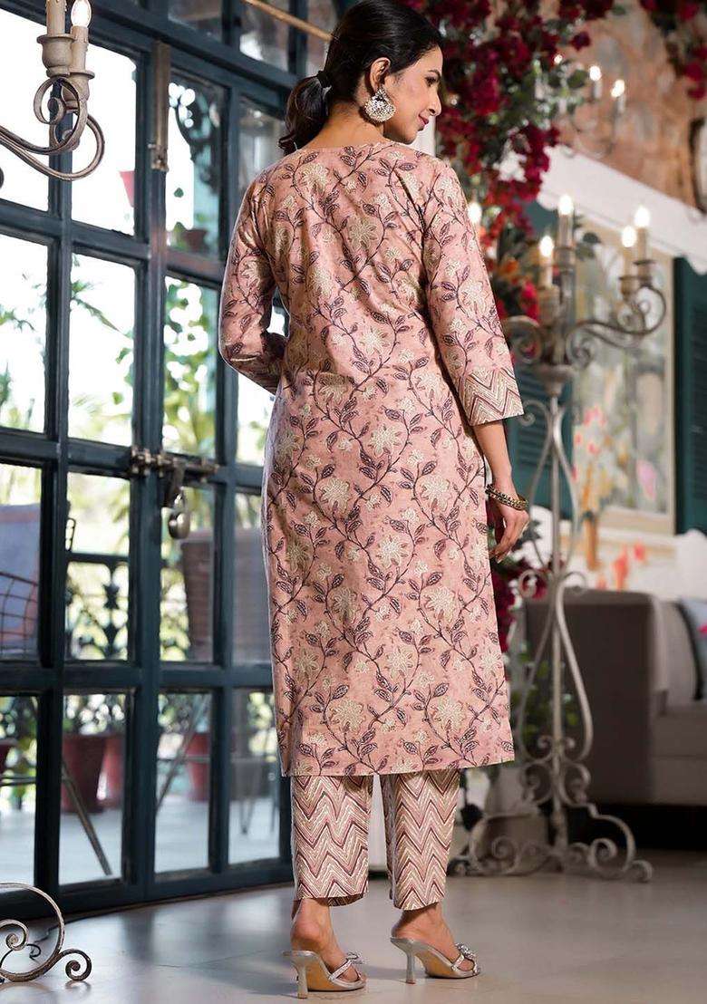Peach Printed Cotton Kurta Set - Indya