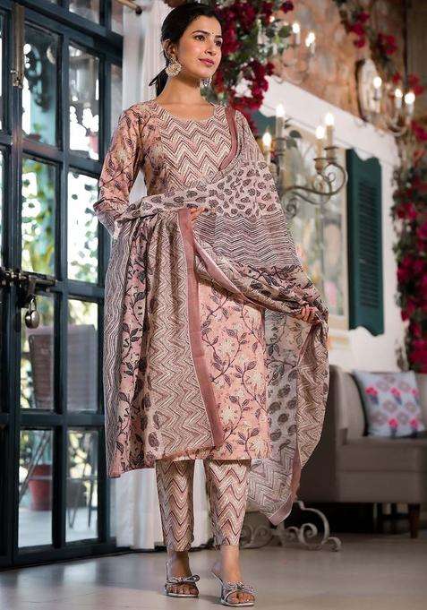 Peach Printed Cotton Kurta Set