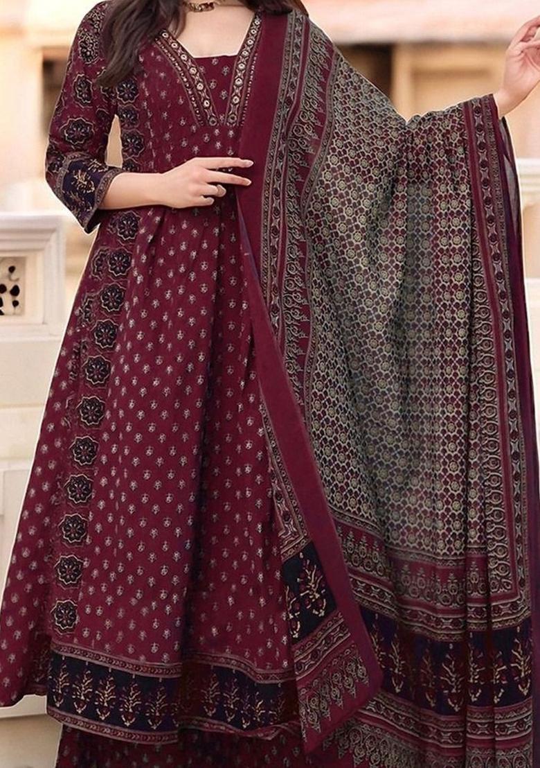 Maroon Printed Viscose Kurta Set - Indya
