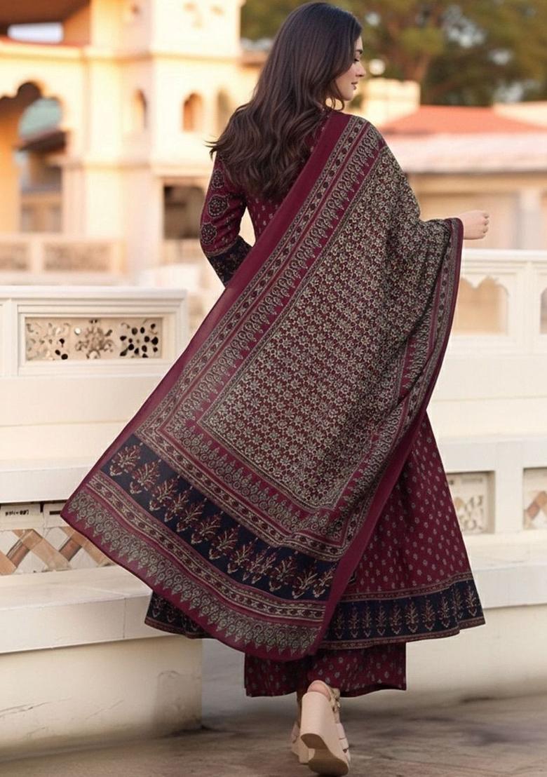 Maroon Printed Viscose Kurta Set - Indya