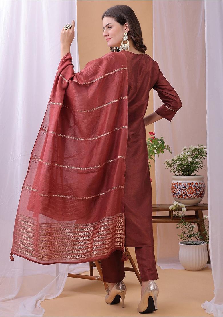 Orange Yoke Design Silk Kurta Set - Indya