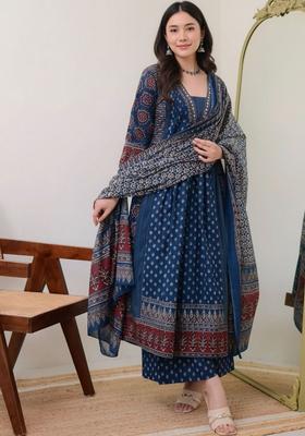 Blue Printed Viscose Kurta Set