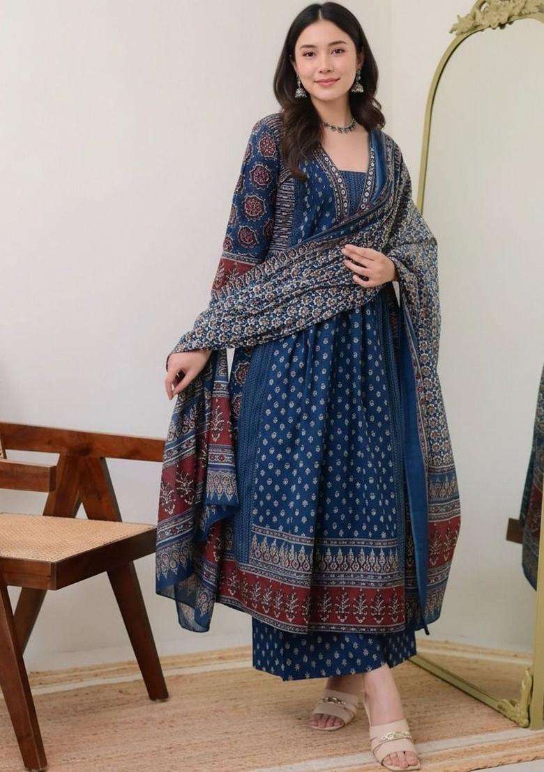 Blue Printed Viscose Kurta Set - Indya