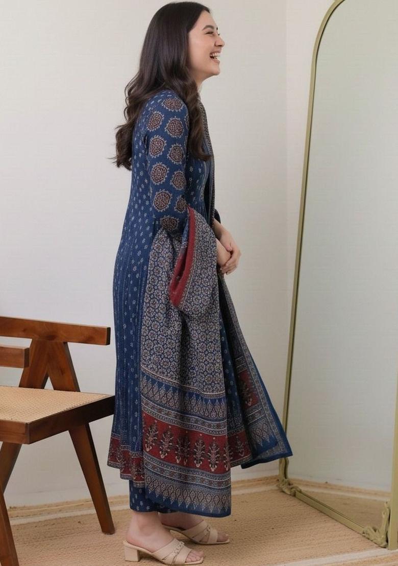 Blue Printed Viscose Kurta Set - Indya