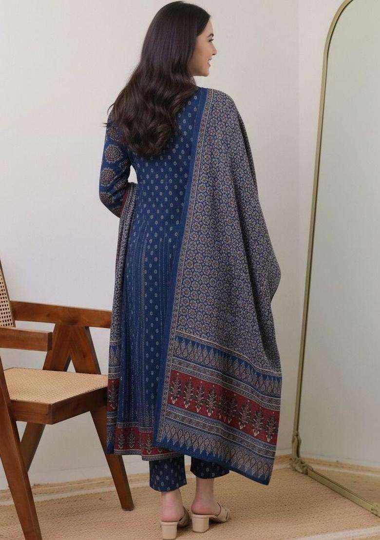Blue Printed Viscose Kurta Set - Indya