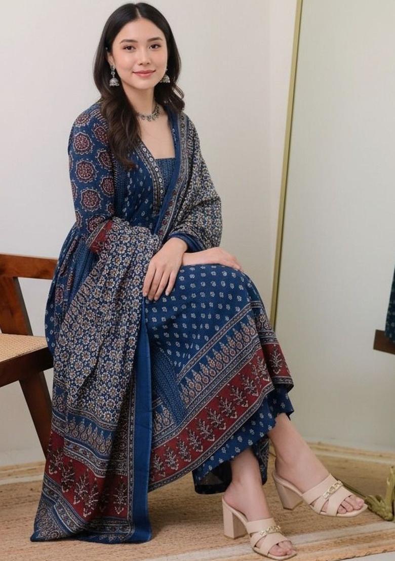 Blue Printed Viscose Kurta Set - Indya