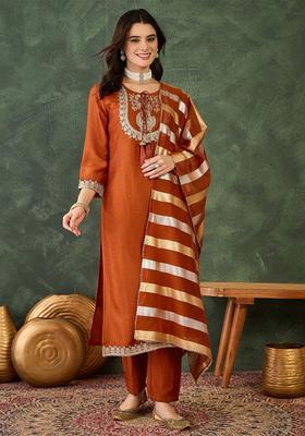 Orange Yoke Design Cotton Kurta Set