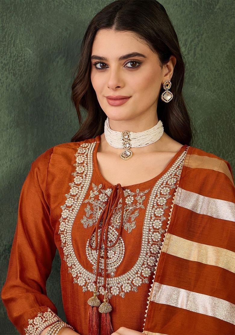 Orange Yoke Design Cotton Kurta Set - Indya