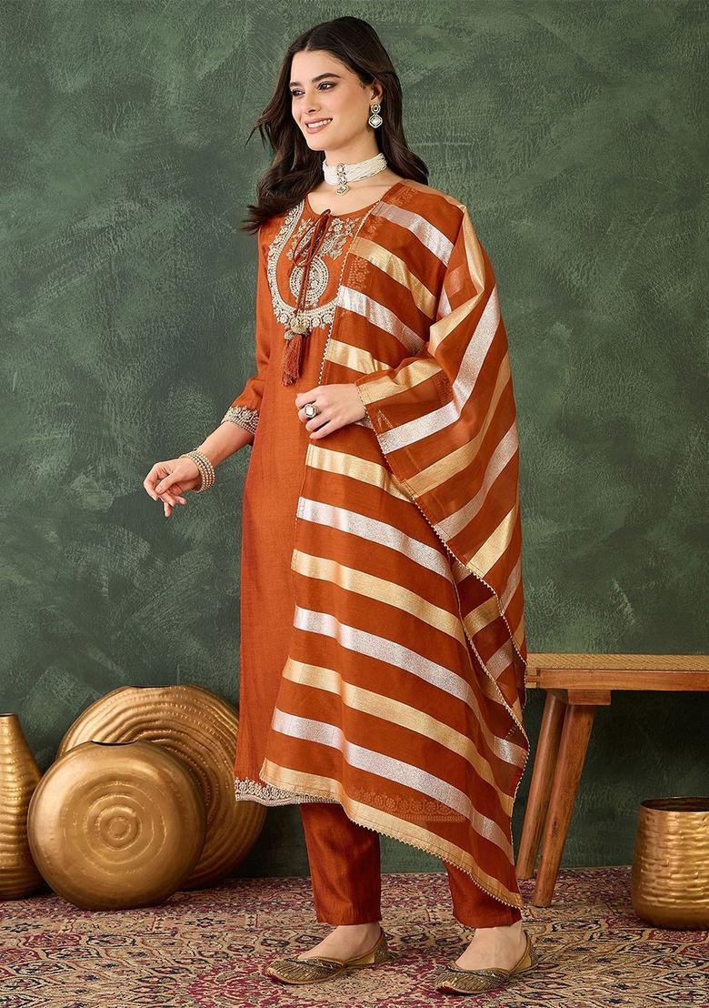 Orange Yoke Design Cotton Kurta Set - Indya