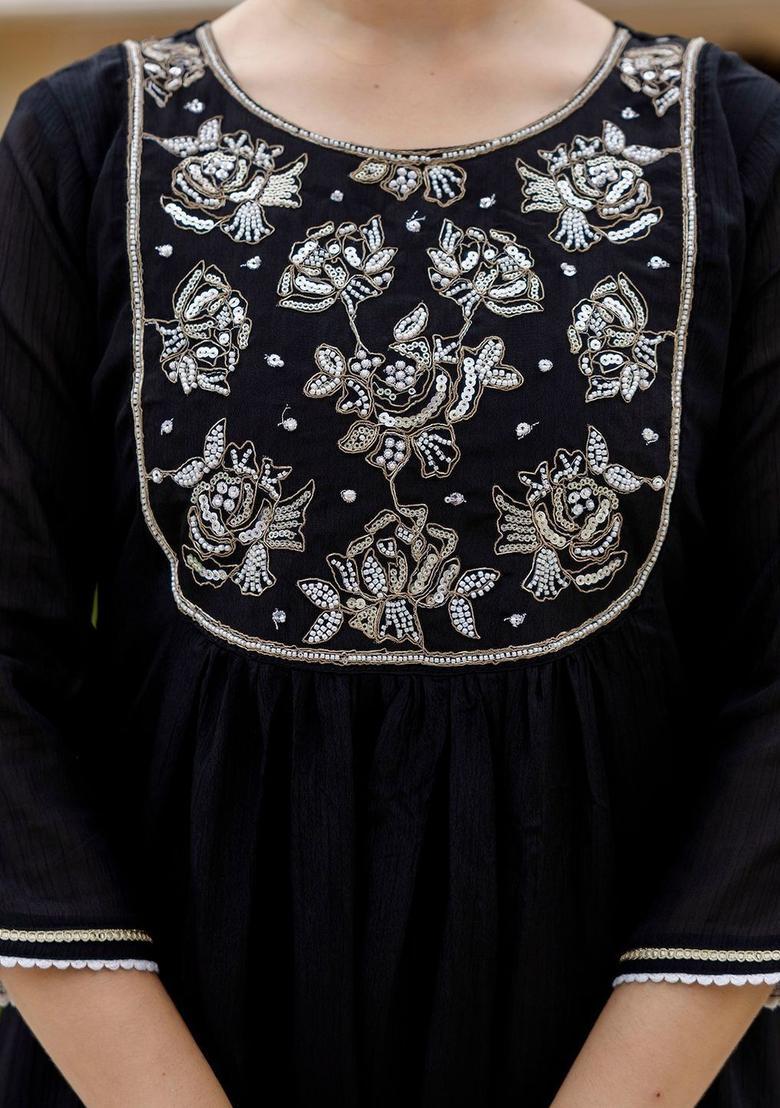 Black Embroidered Chinon Kurta Set - Indya