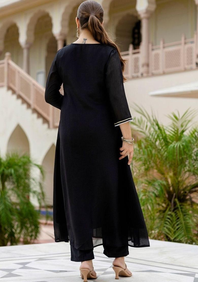Black Embroidered Chinon Kurta Set - Indya