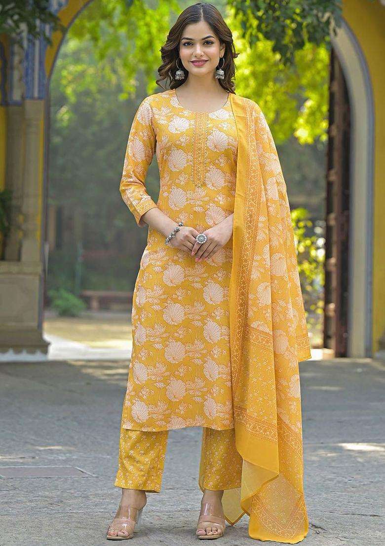 Yellow Printed Viscose Kurta Set - Indya
