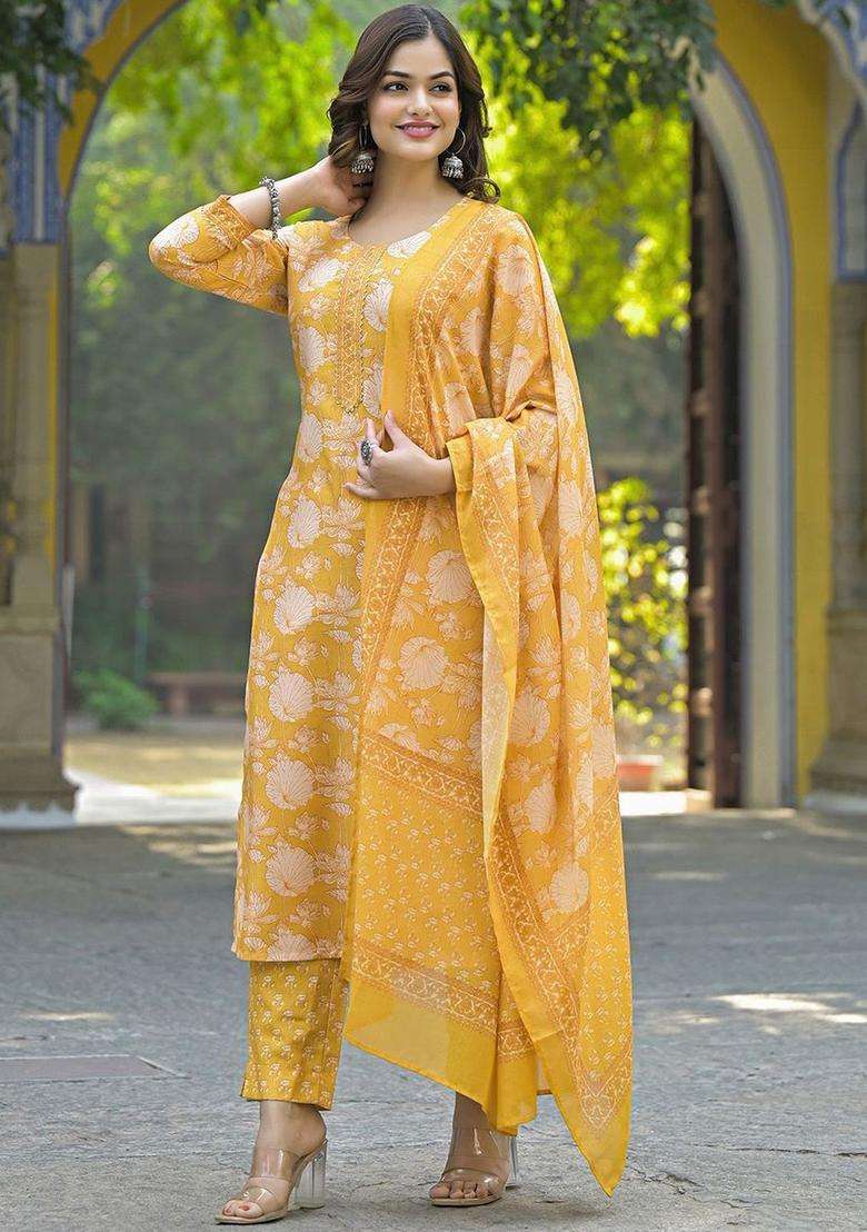 Yellow Printed Viscose Kurta Set - Indya